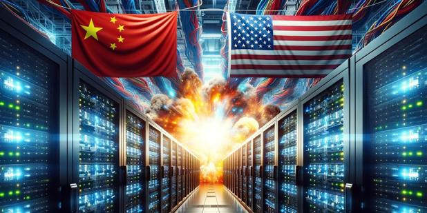 China and the U.S. are engaged in a high tech rivalry. This image, created by Claire Fausett using AI, shows the flags of the countries in a computer server room where an explosion occurs.