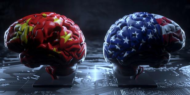 Photo illustration of "Chinese" and "American" brains utilizing colors of the countries' flags. By Ernest Gunasekara-Rockwell for the U.S. Department of Defense.