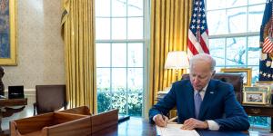 President Joe Biden in the Oval Office at the White House, this photo is from April 2023 and is a White House photo. 