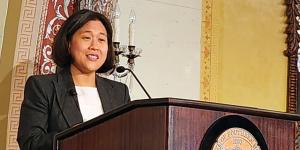 U.S. Trade Representative Katherine Tai speaking at USC on May 5, 2023.