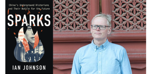 Cover of Ian Johnson's book, Sparks; photo of Johnson in front of red doors. Photo by Sim Chi Yin. 