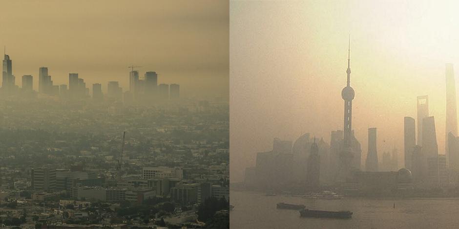 Los Angeles and Shanghai smoggy skylines, 2020-2021, Creative Commons license