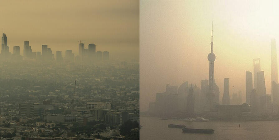 Los Angeles and Shanghai smoggy skylines, 2020-2021, Creative Commons license