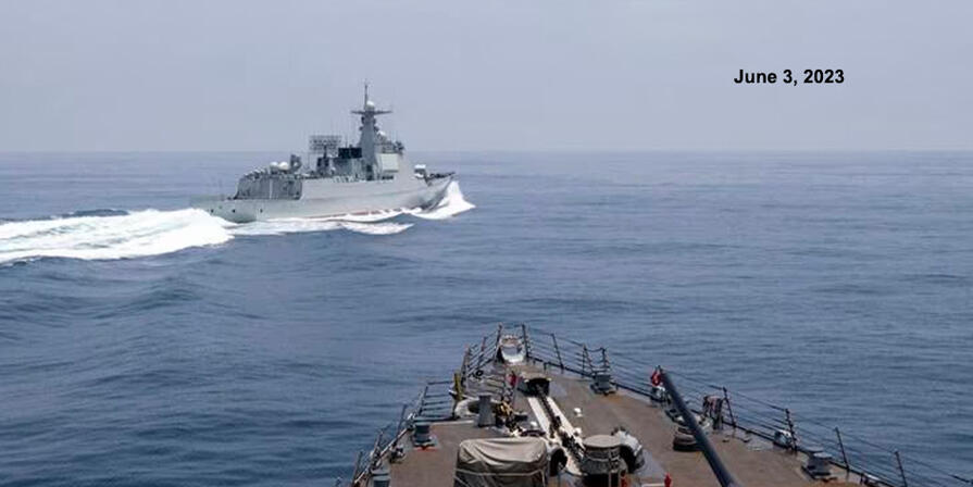 U.S. Navy photo: The guided-missile destroyer Chung-Hoon observes a Chinese navy ship conduct what it called an "unsafe” Chinese maneuver in the Taiwan Strait, Saturday, June 3, 2023.