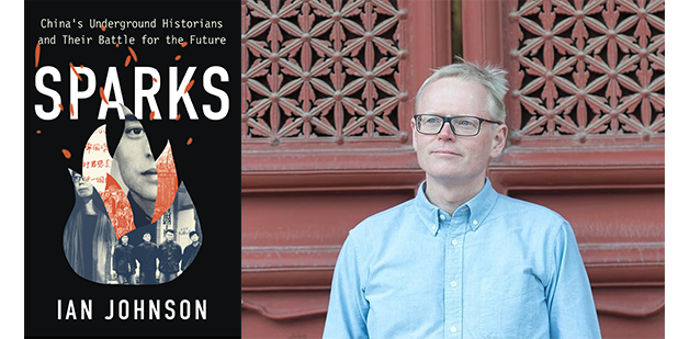 Cover of Ian Johnson's book, Sparks; photo of Johnson in front of red doors. Photo by Sim Chi Yin. 